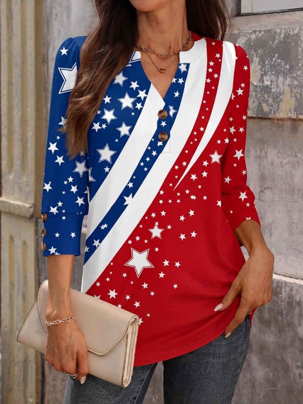 Women's Star Henley Sleeve Tops V Neck Comfy Fabric Shirts Versatile Casual - Picture 3 of 6